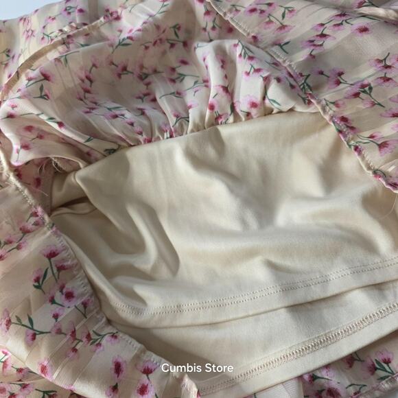 Floral Ruffle Tiered Mini Dress Womens Medium Cream Long Sleeve V Neck Wrap Boho - Picture 12 of 16